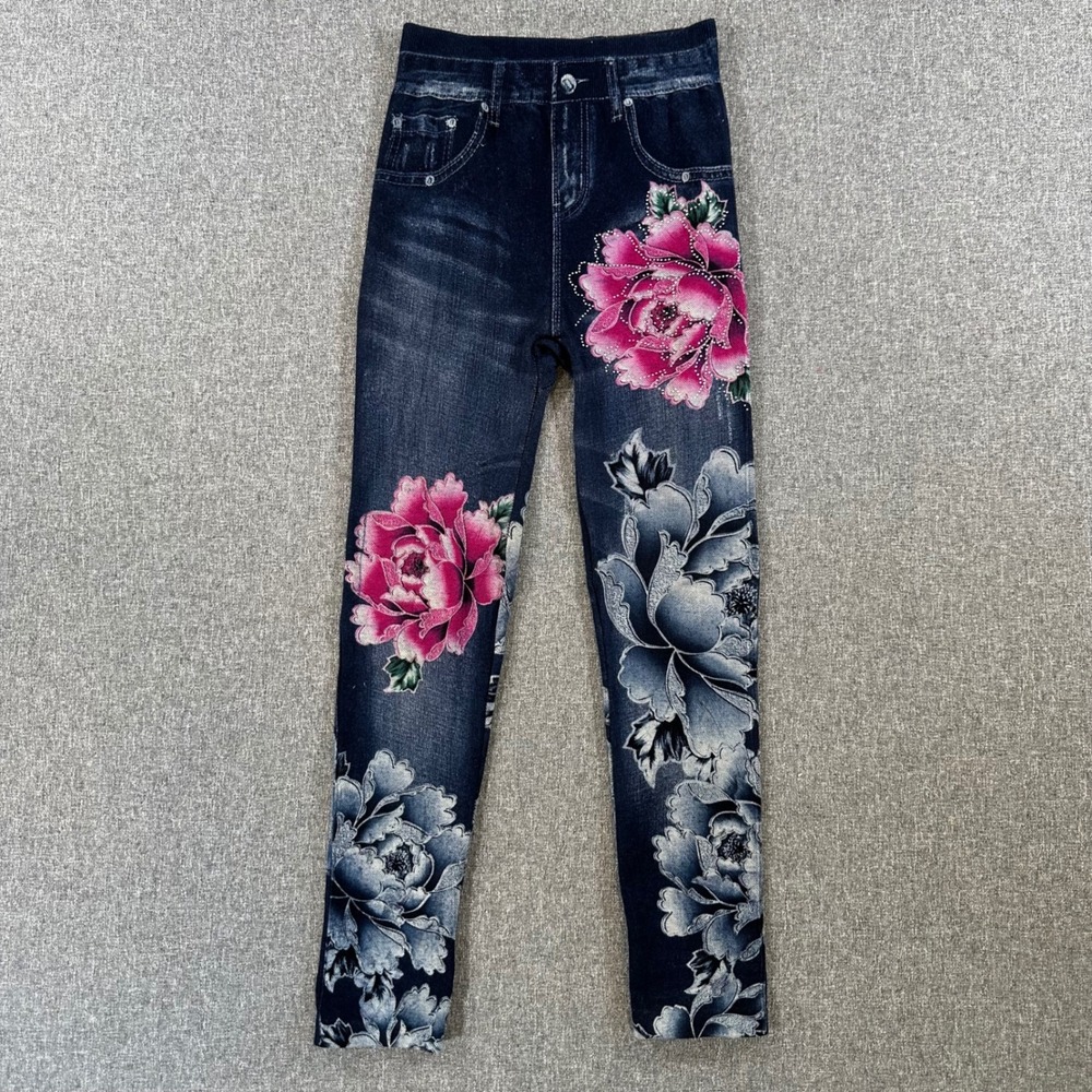 New Look Leggings Womens 23 Trompe L'oeil Denim Floral Pink Blue Rhinestone